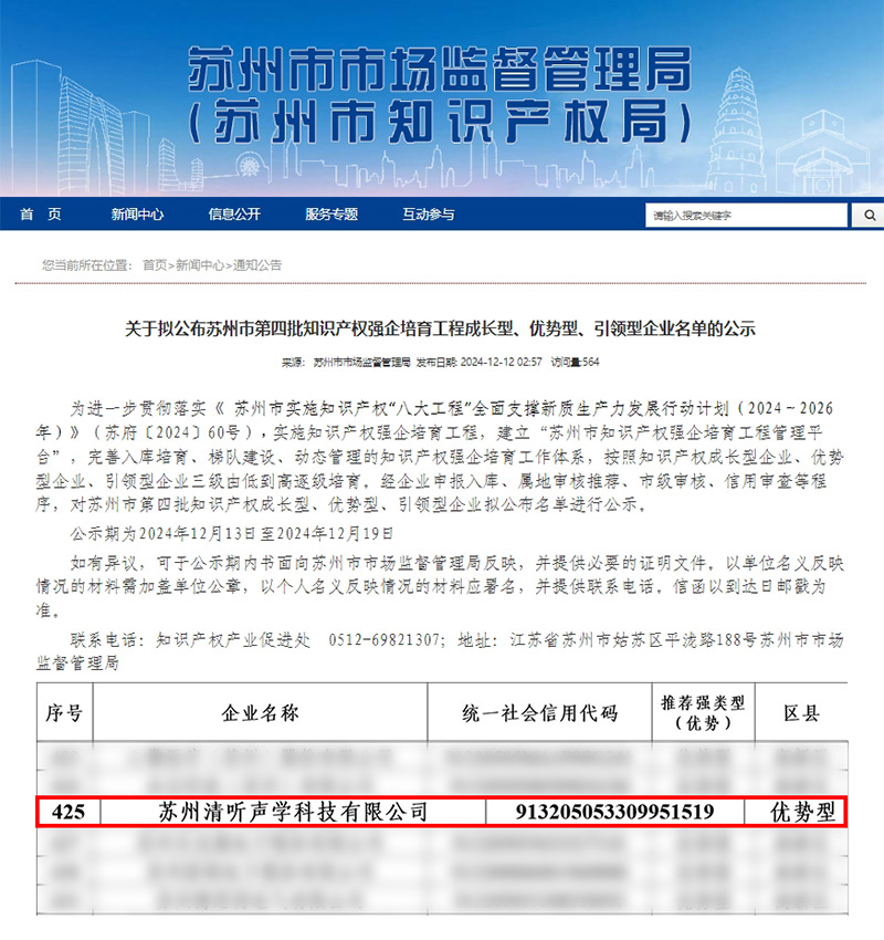 清聽聲學憑借卓越的知識產權管理與創新能力，成功入選“優勢型企業”。