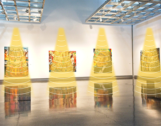 畫廊定向喇叭提供分區藝術解說，增強觀眾沉浸感，保持環境安靜。